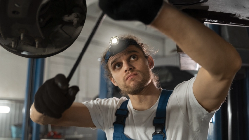 Mechanic repairing car undercarriage